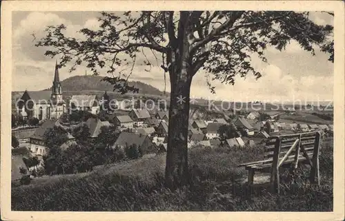 Altenberg Erzgebirge Ortsansicht mit Kirche und Geisingberg Ruhebank Kupfertiefdruck Kat. Geising