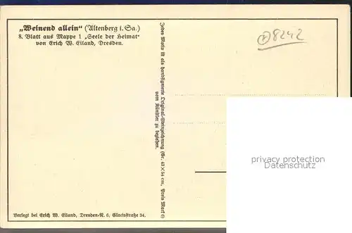 Altenberg Erzgebirge "Weinend allein" 8. Blatt aus Mappe 1 Seele der Heimat Erich W. Eiland Kuenstlerkarte Kat. Geising