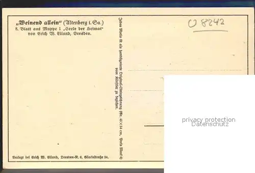 Altenberg Erzgebirge "Weinend allein" 8. Blatt aus Mappe 1 Seele der Heimat Erich W. Eiland Kuenstlerkarte Kat. Geising