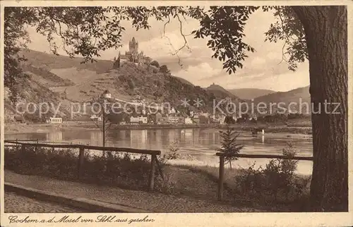 Cochem Mosel Uferpartie bei Sehl Blick zur Burg Kupfertiefdruck Kat. Cochem