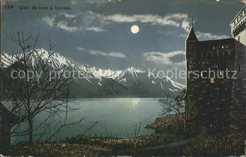 Chillon Chateau de Chillon Lac Leman et les Alpes Clair de lune Kat. Montreux