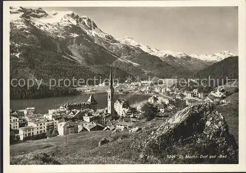 St Moritz GR Gesamtansicht mit Dorf und Bad Moritzersee Alpenpanorama Kat. St Moritz