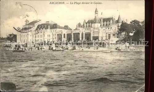 Arcachon Gironde Plage devant le Casino Stempel auf AK Kat. Arcachon