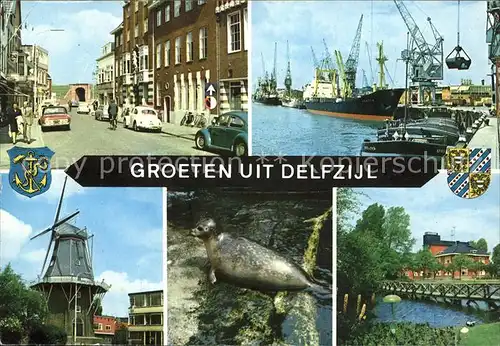 Delfzijl Strassenpartie Hafen Schiff Kran Windmuehle Seehund Wappen Kat. Niederlande