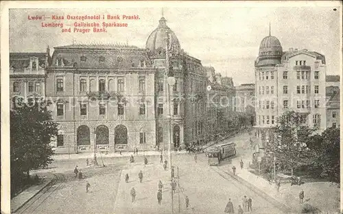 Lemberg Lwow Lviv Galizische Sparkasse und Prager Bank Strassenbahn Kat. Ukraine