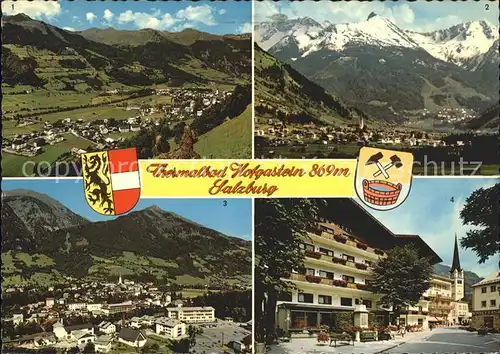 Hofgastein Gesamtansicht mit Alpenpanorama Thermalbad Strassenpartie Wappen Kat. Bad Hofgastein