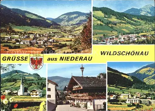 Niederau Wildschoenau Gesamtansicht mit Alpenpanorama Dorfstrasse Kirche Wappen