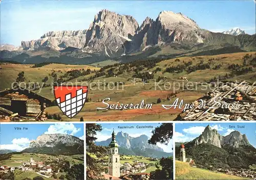 Seis am Schlern Panorama Dolomiten Seiser Alm Alpe di Siusi Wappen Kat. Siusi allo Sciliar Kastelruth Suedtirol