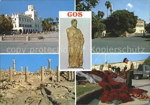 Cos Kos Teilansichten Statue Tempel Ruine Antike Fischer Fischernetz Kat. Kos