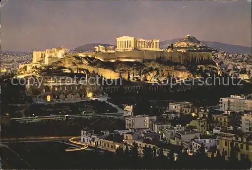 Athenes Athen Akropolis beleuchtet bei Nacht Tempel Ruine Antike Kat. Griechenland