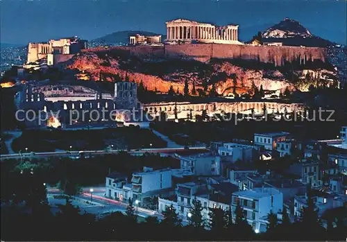 Athenes Athen Beleuchtete Akropolis bei Nacht Tempel Ruine Antike Kat. Griechenland