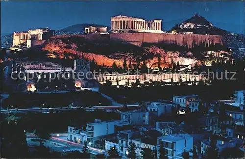 Athenes Athen Beleuchtete Akropolis Tempel Ruine Antike Kat. Griechenland