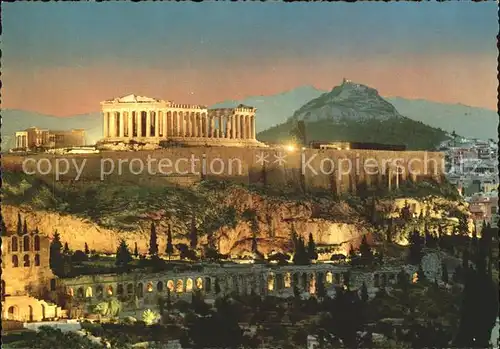 Athenes Athen Beleuchtete Akropolis im Hintergrund Lykabettus Kat. Griechenland