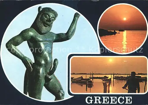 Griechenland Greece Statue Hafen Boote Kat. Griechenland