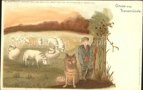 Travemuende Ostseebad Schafhirte mit Hund und Schafherde Illustration / Luebeck /Luebeck Stadtkreis