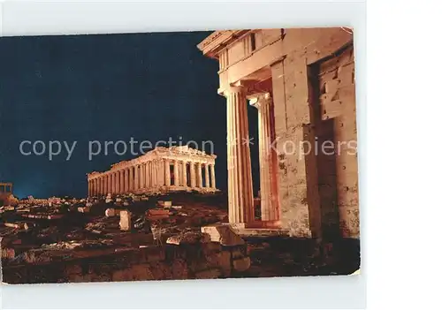 Athenes Athen beleuchtete Akropolis Parthenon und Propylae Tempel Antike Kat. Griechenland