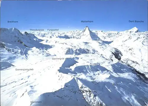 Zermatt VS Fliegeraufnahme Skigebiet Stockhorn Gornergrat Schwarzsee Dent Blanche Furgsattel Breithorn Kat. Zermatt