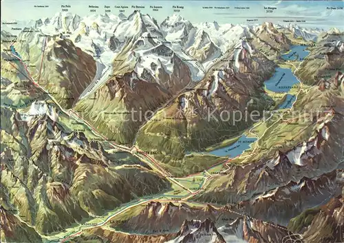Engadin GR Panoramakarte Diavolezza Bernina-Pass Pontressina / St Moritz /Bz. Maloja
