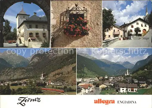 Zernez GR Schloss Wildenberg Engadiner Blumenfenster Dorfpartie mit Kirche RhB mit Piz Linard und Flueelapass Kat. Zernez