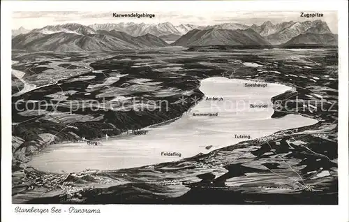 Starnbergersee Panoramakarte mit Zugspitze und Karwendelgebirge Kat. Starnberg