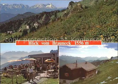 Brauneck Gipfelhaus Gedaechtnishuette mit Wetterstein und Zugspitze Kat. Lenggries