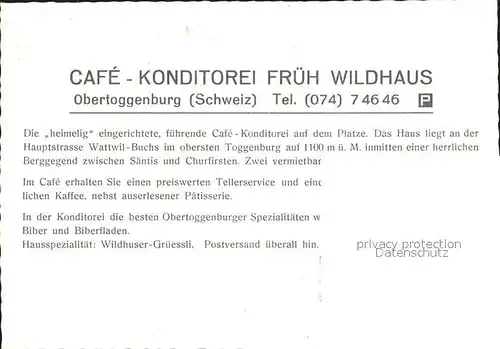 Obertoggenburg Cafe  Konditorei Frueh Wildhaus Kat. Wildhaus
