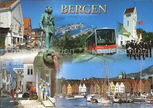 Bergen Norwegen Altstadt Statue Bahn Musikkapelle Hafen Segelboot Kat. Norwegen