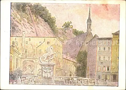 Salzburg Oesterreich Pferdeschwemme mit Buergerspitalkirche Kuenstlerkarte Kat. Salzburg