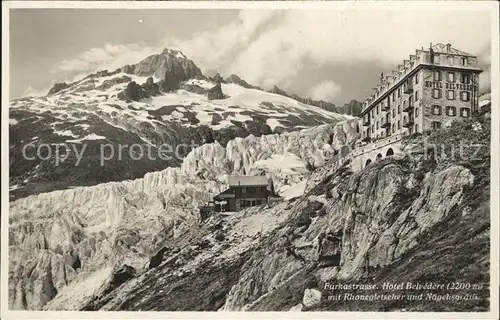 Furkastrasse Hotel Belvedere mit Rhonegletscher und Naegelisgraetli / Furka /Rg. Gletsch