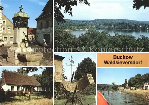 Buckow Waldsieversdorf Brunnen Ortsblick Gaststaette Altes Forsthaus Sonnenuhr Strandbad