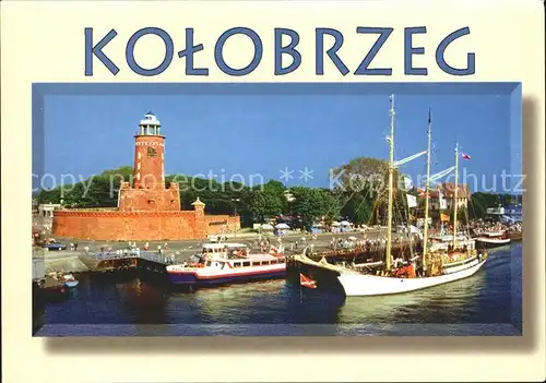 Kolobrzeg Polen Leuchtturm mit Bastion Hafen Segelschiff Motorboot Kat. Kolberg Pommern