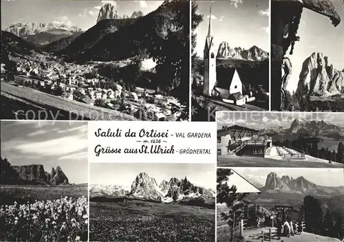 St Ulrich Groeden Tirol Gesamtansicht mit Alpenpanorama Kirche Bergrestaurant Kat. Salten Schlern