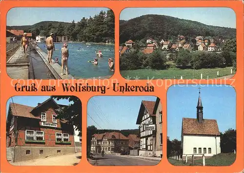 Unkeroda Wolfsburg Thueringen Schwimmbad Teilansicht Gaststaette Waldfrieden Hauptstrasse Kirche Kat. Marksuhl