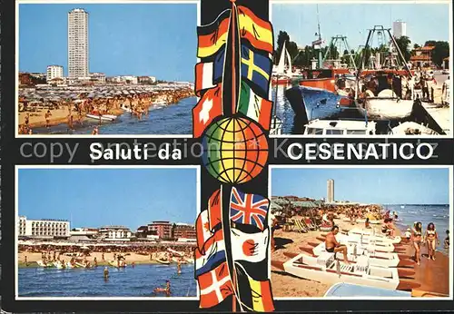 Cesenatico Strand Hochhaus Hotel Hafen Flaggen Kat. Italien