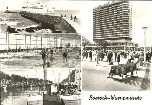 Rostock Warnemuende Dampfer an der Mole Hotel Neptun Meerwasser Wellenbad Hafen Kat. Rostock