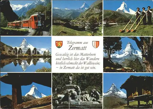 Zermatt VS Bergbahn Matterhorn Walliser Alpen Hornblaeser Brunnen Holzhuette Bergsee Kat. Zermatt