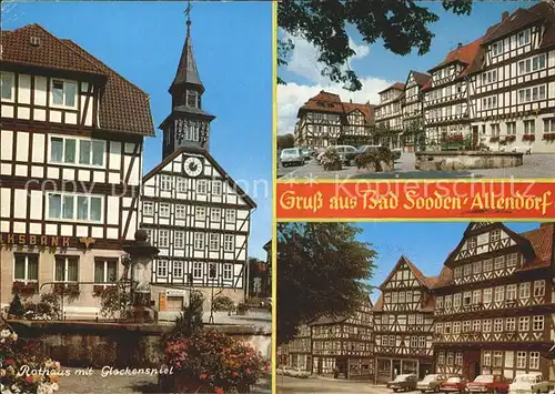 Allendorf Bad Sooden Rathaus mit Glockenspiel Marktplatz Brunnen Fachwerkhaeuser Kat. Bad Soden am Taunus