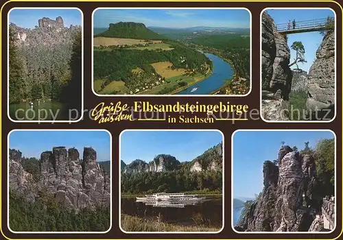 Saechsische Schweiz Amselsee mit Lokomotive Lilienstein Felsenburg Neurathen Gansfelsen Basteifelsen Basteibruecke Kat. Rathen Sachsen