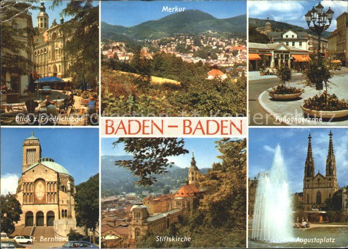 Baden Baden Friedrichsbad Merkur Fussgaengerzone St Bernhard Stiftskirche  Augustaplatz Kirche Kat. Baden Baden Nr. ks43324 - oldthing: Ansichtskart...