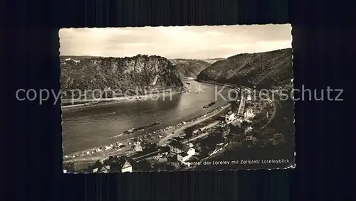 St Goar Panorama Felsental der Loreley mit Zeltplatz Loreleyblick / Sankt Goar /Rhein-Hunsrueck-Kreis LKR