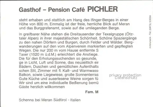 Schenna Meran Gasthof Pension Cafe Pichler Ilfinger Berg Kat. Italien