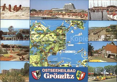 Groemitz Ostseebad Strand Park Hotel Seglerhafen Promenade Strassenpartie Touristenbahn Landkarte Kat. Groemitz
