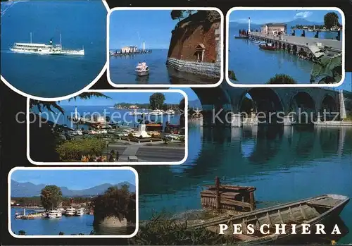 Peschiera Dampfer Kueste Uferpromenade Denkmal Bruecke Gardasee Kat. Lago di Garda Italien