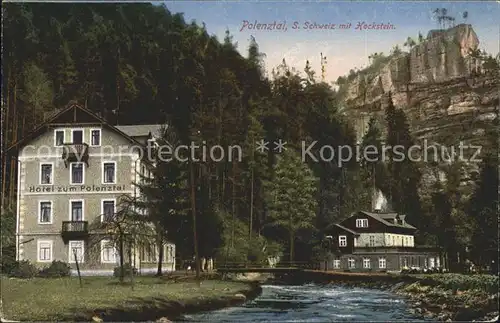 Polenztal Hotel mit Hockstein Felsen Elbsandsteingebirge Kat. Hohnstein