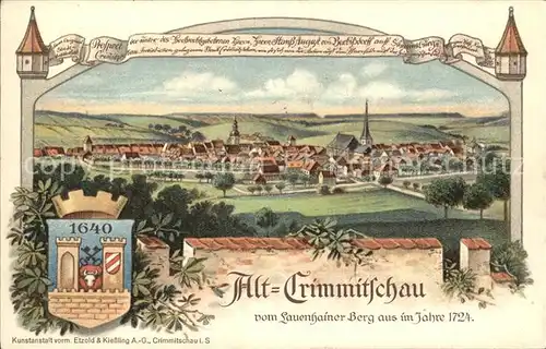 Alt Crimmitschau vom Lauenhainer Berg aus anno 1724 Offizielle Postkarte Stadtrechtsfeier
