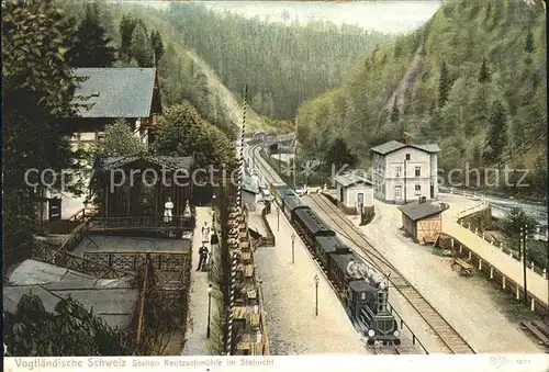 Rentzschmuehle Weisse Elster Bahnstation im Steinicht Eisenbahn Dampflokomotive Kat. Poehl Vogtland