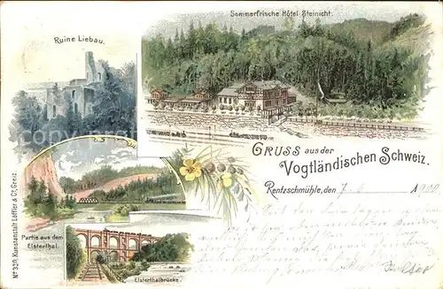 Rentzschmuehle Weisse Elster Sommerfrische Hotel Steinicht Ruine Liebau Elstertal Bruecke Bahnpost Kat. Poehl Vogtland