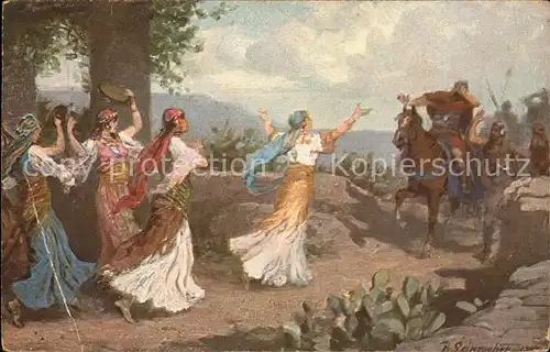 Kuenstlerkarte Alttestamentliche Bilder Jephthas Tochter Tanz Tamburin Kat. Kuenstlerkarte