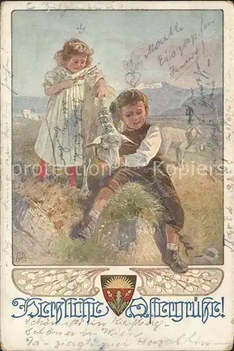 Kinder Child Enfants Ziege Kuenstlerkarte Wappen Ostergruesse / Kinder /