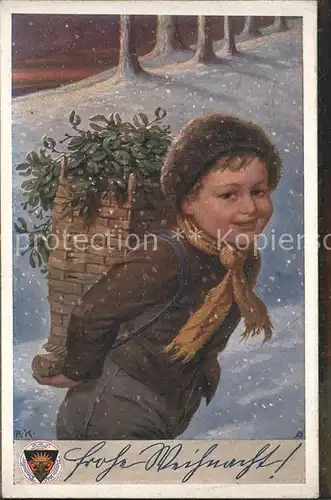 Kinder Child Enfants Winter Korb Frohe Weihnachten Kuenstlerkarte / Kinder /